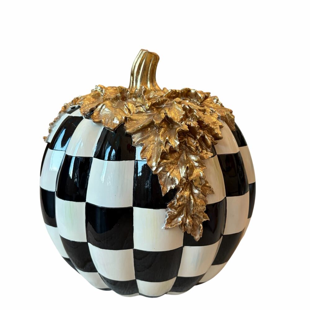 NEW MacKenzie Childs Courtly Check Gold Foliage Pumpkin 11.5" H in Original Box - Picture 12 of 16